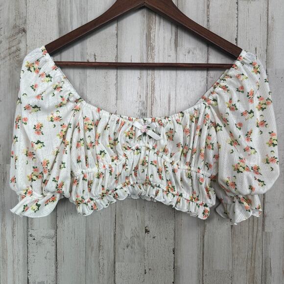 For Love and Lemons Lola Pointelle Top XXS White Yellow Floral Y2K Cottagecore - Picture 2 of 9